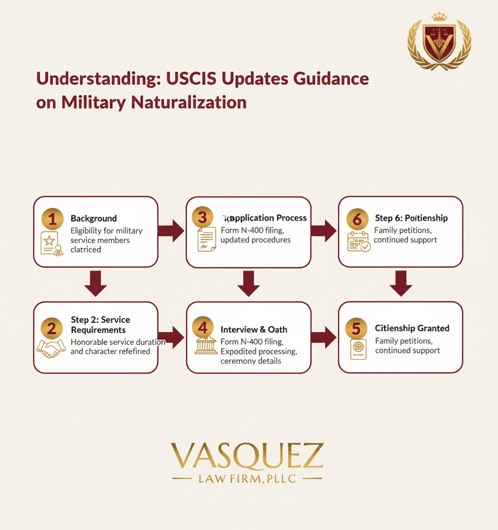Línea de Tiempo del Proceso para Actualización Clave de la Guía de Naturalización Militar de USCIS
