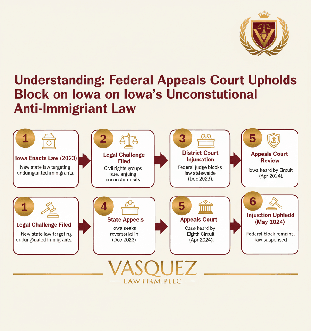 Línea de Tiempo del Proceso para El Tribunal Federal Bloquea la Ley Antiinmigrante de Iowa: Qué Significa para Usted