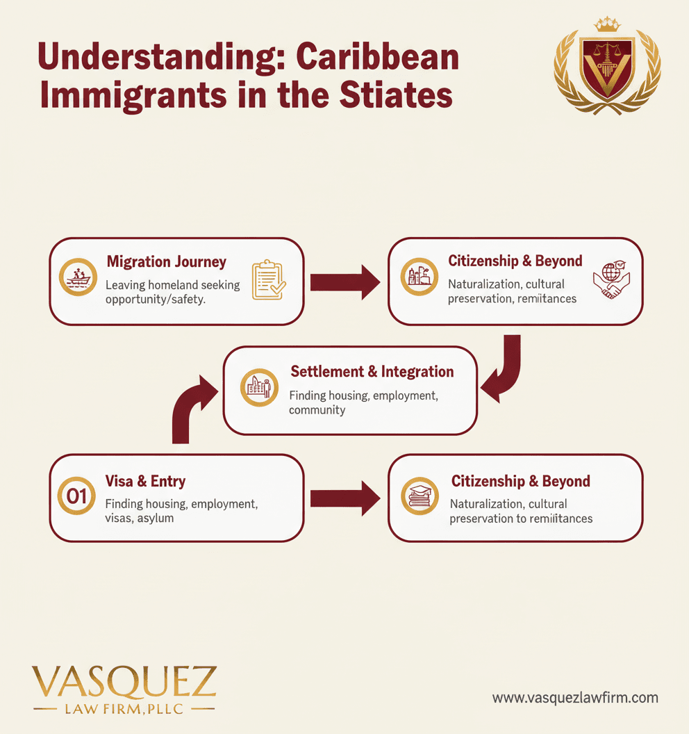 Línea de Tiempo del Proceso para Navegando el Camino: Inmigrantes del Caribe en EE.UU.