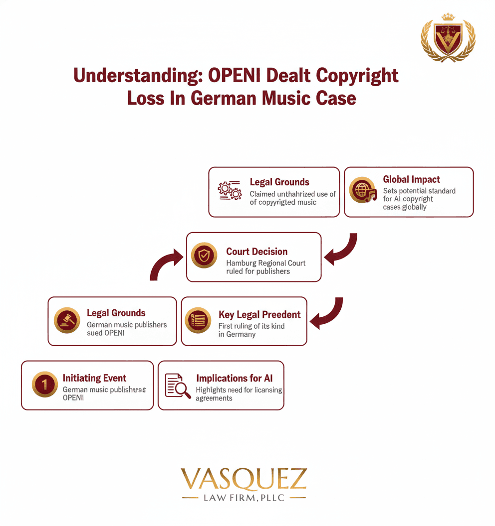 Línea de Tiempo del Proceso para OpenAI enfrenta derrota por derechos de autor en caso de música en Alemania: Impactos para NC