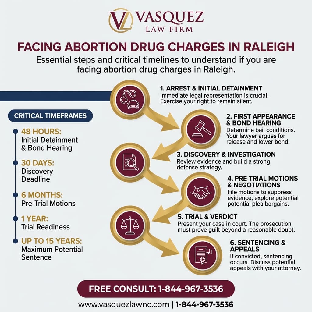 Línea de Tiempo del Proceso para Uso de Medicamentos Abortivos en Raleigh en 2026: Qué Riesgos Legales Enfrenta