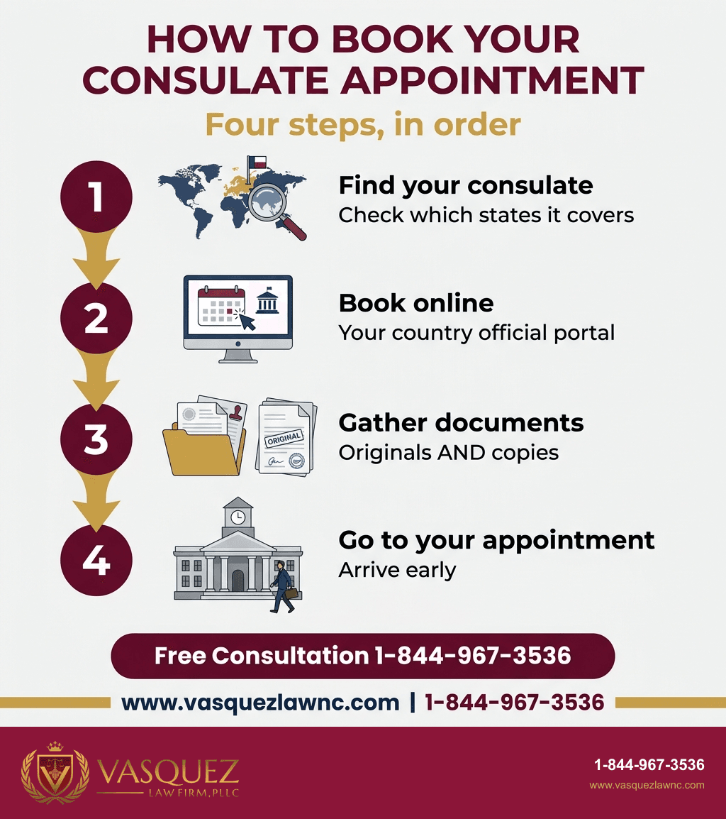 Infographic: how to book your consulate appointment in four steps. 1) Find your consulate and check which states it covers. 2) Book online through your country’s official portal. 3) Gather your documents, originals and copies. 4) Go to your appointment and arrive early.