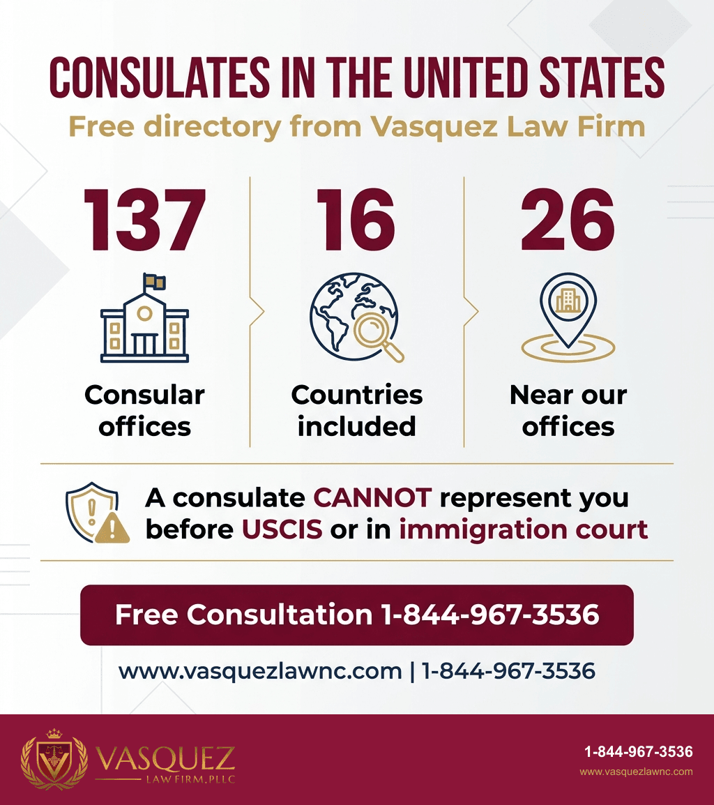 Infographic: 137 consular offices, 16 countries included, 26 near our offices. A consulate cannot represent you before USCIS or in immigration court.